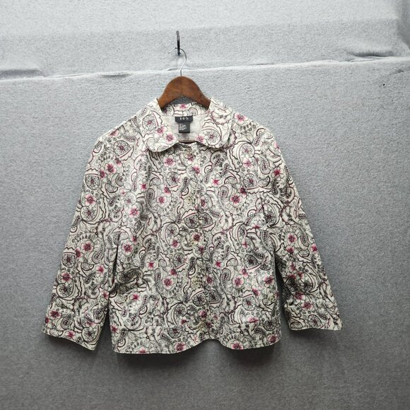 R.Q.T. Womens Floral Print Button-Up Jacket 3/4 Sleeve Size L Cotton/Spandex Ble - Picture 1 of 4
